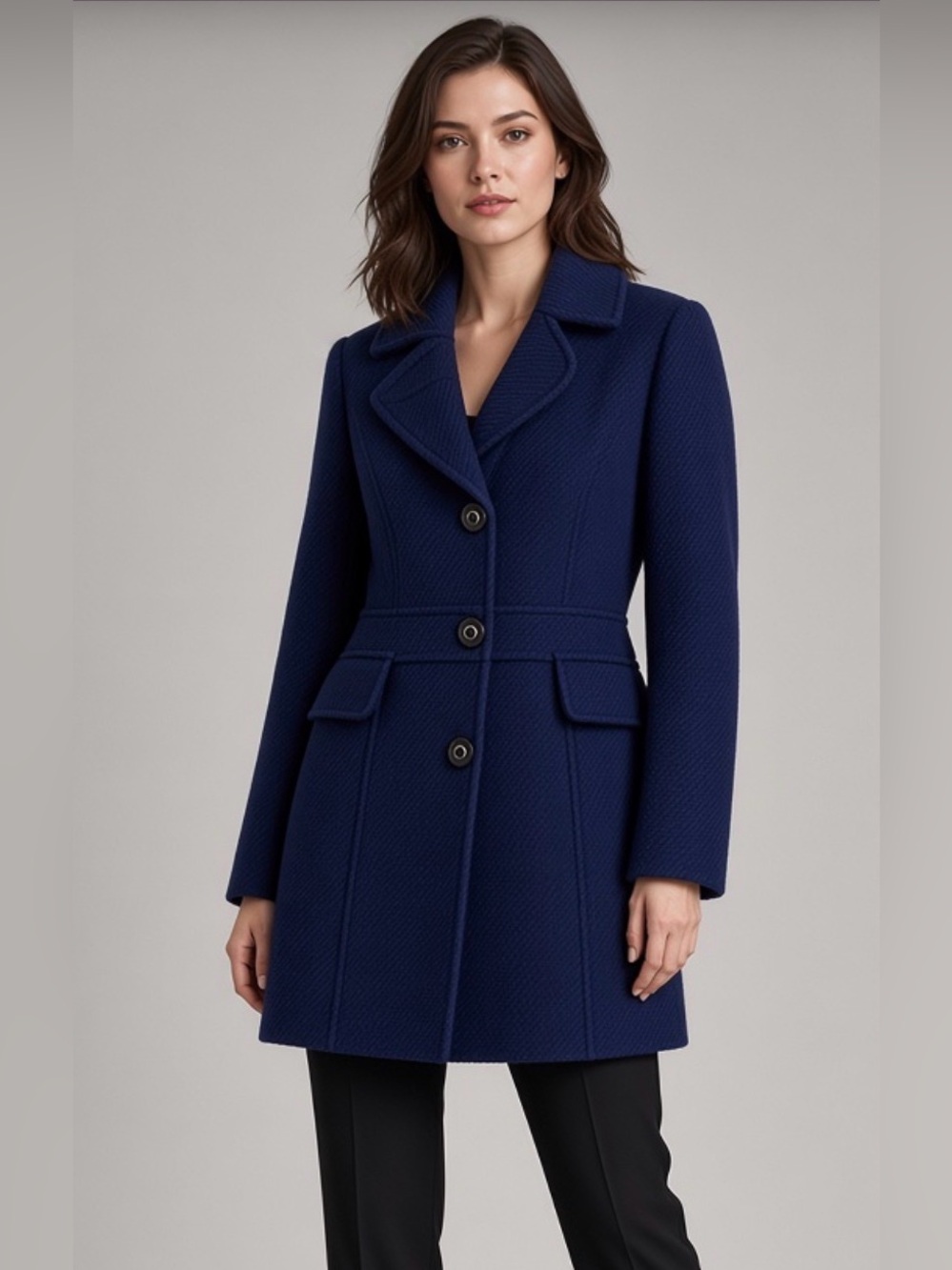 Navy Blue Wool blend Pea Coat Structured Double Breasted | Mid-Length